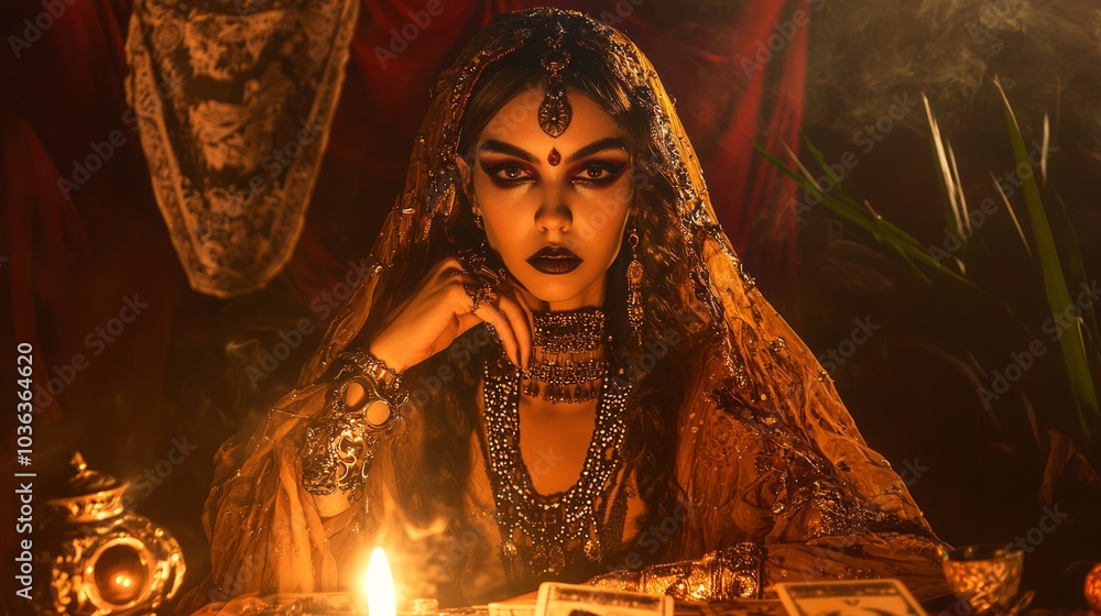 Fototapeta premium Mystical Fortune Teller Halloween Costume with Dramatic Makeup and Tarot Cards