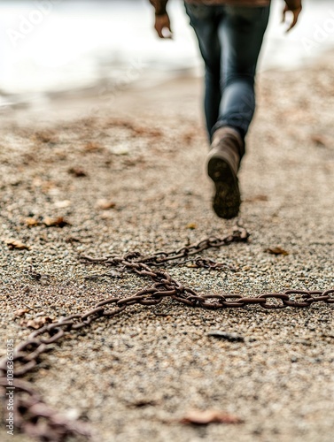 Person walking on a beach with chain on the ground, natural background. photo