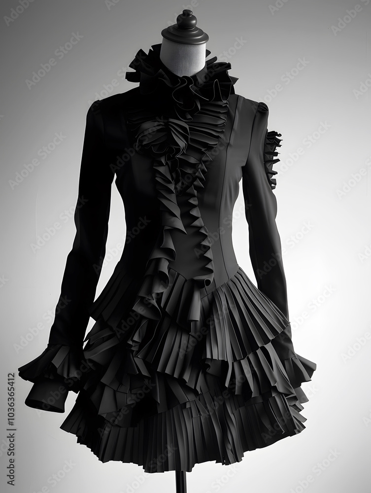 Fototapeta premium Photography of Elegant Gothic Charming Black Dress with Ruffles and Collar Displayed on Mannequin, Ideal for Unique Style Statements, Perfect for Alternative Fashion