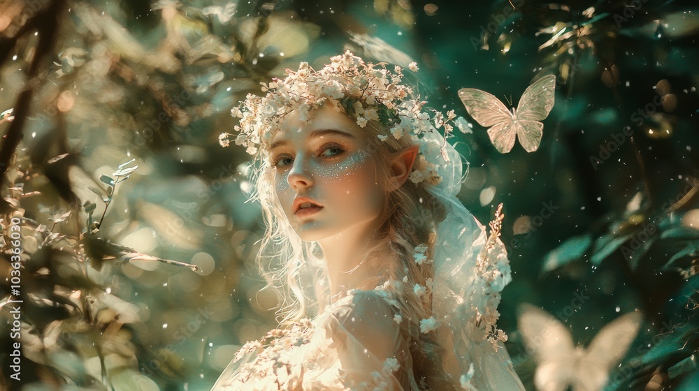 Fototapeta premium Enchanting Elf Costume and Makeup in Magical Forest Glade | Ultra-Detailed Halloween Dress-Up