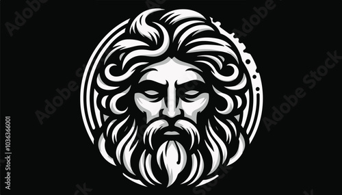 The face of a Greek god. White on black background. Icon, logo, emblem