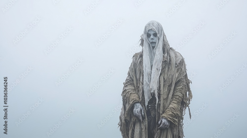 Spooky Ghost Pirate with Pale Makeup Haunting Foggy Coastline | Halloween Costumes and Makeup Photo Spooky Ghost Pirate with Pale Makeup Haunting Foggy Coastline | Halloween Costumes and Makeup Photo