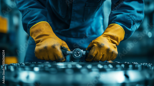 Close-up of hands wearing gloves working on machinery, using a wrench in an industrial workshop, showcasing precision and craftsmanship. photo