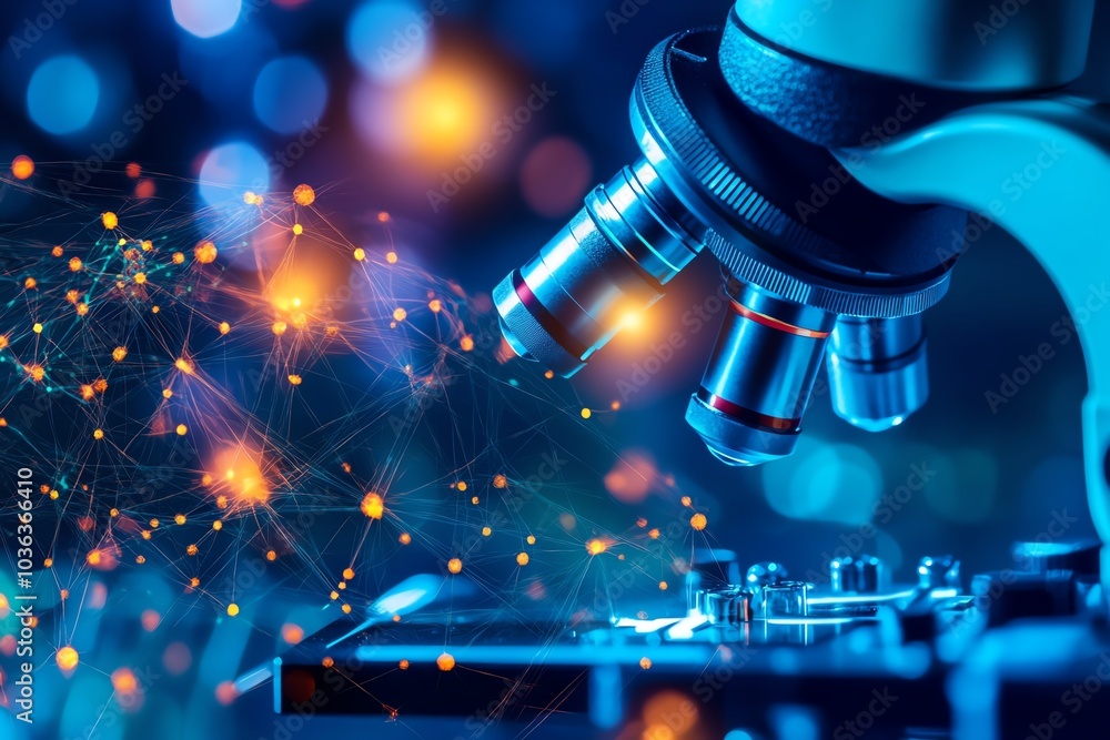 Close-up of a microscope with colorful lights, symbolizing scientific research, discovery, and the study of microscopic organisms. Close-up of a microscope with colorful lights, symbolizing scientific research, discovery, and the study of microscopic organisms.
