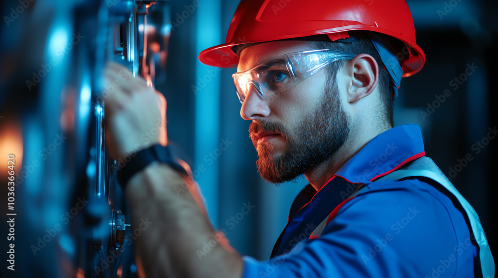 Focused engineer wearing a hard hat and safety glasses, checking machinery controls in a dimly lit industrial environment. Focused engineer wearing a hard hat and safety glasses, checking machinery controls in a dimly lit industrial environment.