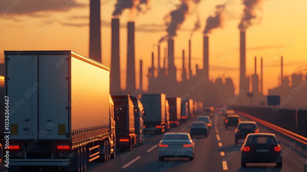 Fototapeta premium Bustling Evening Commute on Busy Urban Highway with Cargo Trucks and Cars