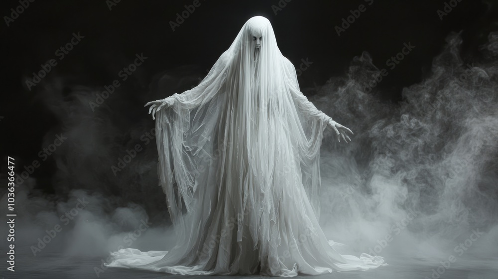 Eerie Banshee Look: Hauntingly Beautiful Halloween Costume and Makeup Against Stormy Backdrop Eerie Banshee Look: Hauntingly Beautiful Halloween Costume and Makeup Against Stormy Backdrop