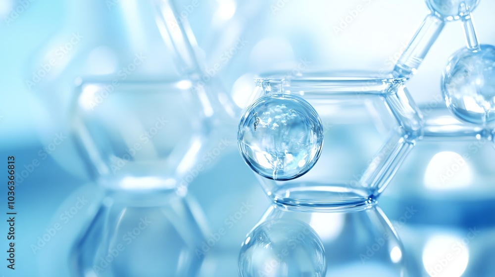 Close-up of transparent molecular structures on a blue background, representing scientific innovation and chemical research. Close-up of transparent molecular structures on a blue background, representing scientific innovation and chemical research.