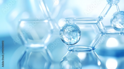 Close-up of transparent molecular structures on a blue background, representing scientific innovation and chemical research.