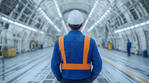 Worker in an industrial setting wearing safety gear, looking at the spacious environment, showcasing teamwork and safety in the workplace.