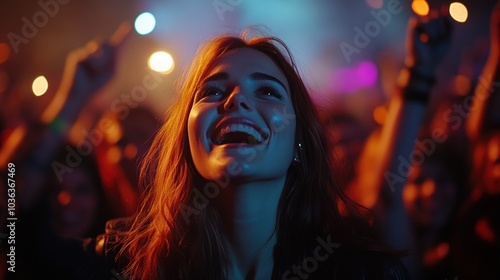 A joyful woman enjoying a concert, surrounded by an enthusiastic crowd.