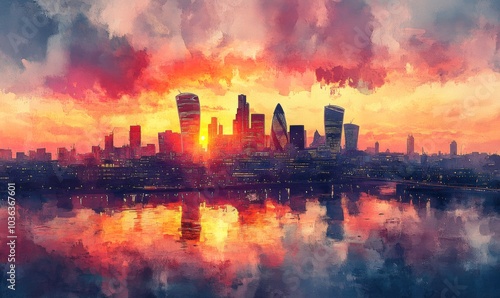 Watercolor Aerial sunset view of the skyline of London with skyscrapers at Canary Wharf and the City in the background, England Photo Formats