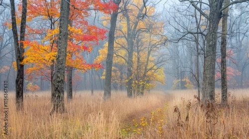 Autumnal Forest Path Through Foggy Woods