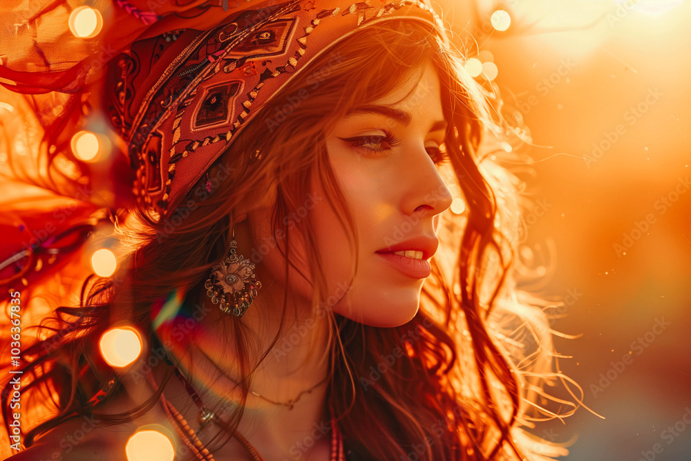 Beautiful gypsy in rays of warm orange sunset. Golden hour. Beautiful gypsy in rays of warm orange sunset. Golden hour.