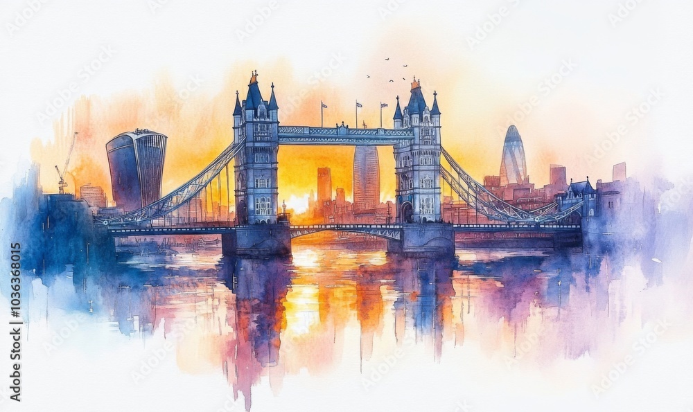 Obraz premium Watercolor Aerial front view of the Tower Bridge of London with the skyline behind reflecting the golden sunrise light, England