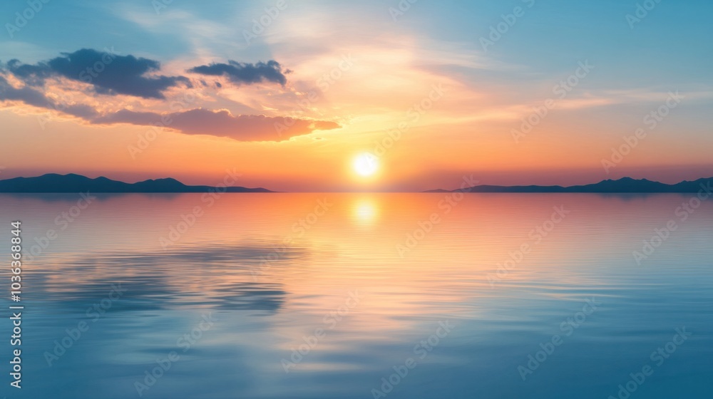 Horizon vector landscape featuring a sunrise over a calm lake Horizon vector landscape featuring a sunrise over a calm lake