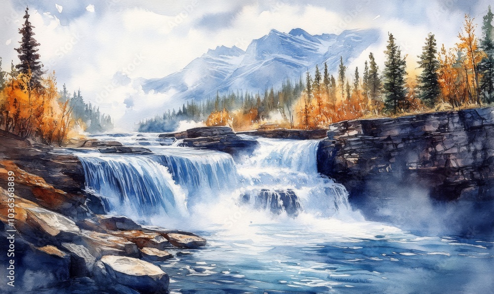 Watercolor Athabasca Falls Jasper National Park