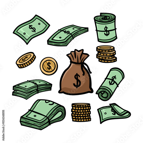 Doodle handdrawn of cash, coins, money bag, dollar bills, stacks of money, currency, wealth