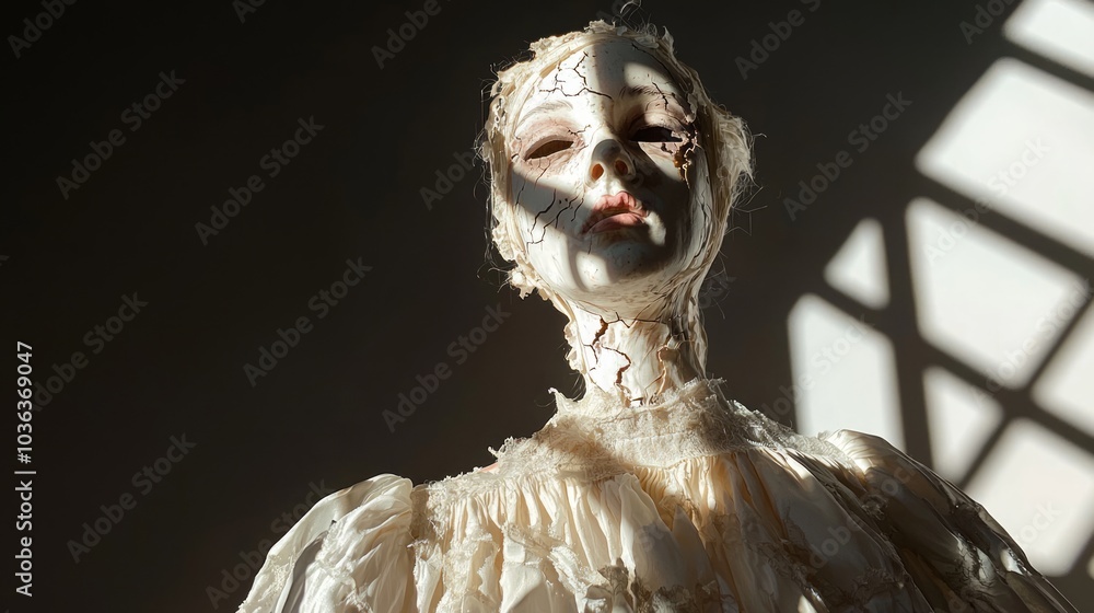 Naklejka premium Creepy Haunted Doll Costume with Cracked Porcelain Makeup in Dimly Lit Room - Ultra-Detailed Halloween Theme