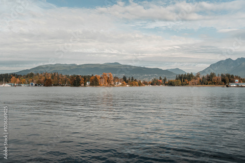 Vancouver BC Canada Waterfront looking over Stanley Park and Lion's Gate Bridge during the Fall