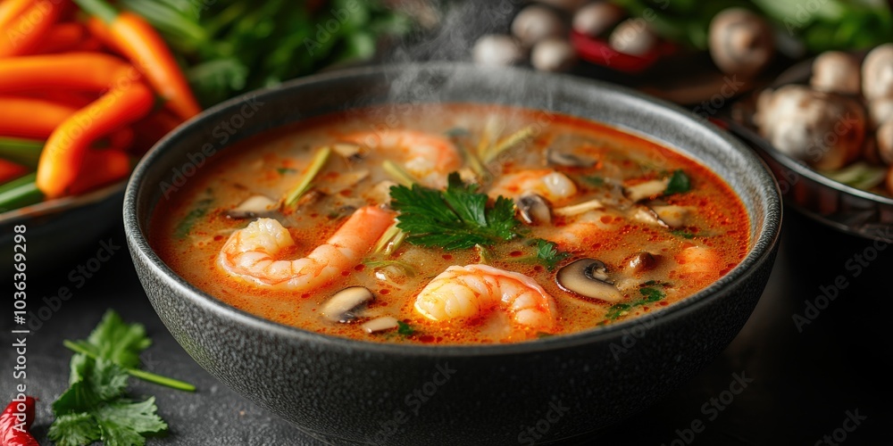 Delicious Thai Shrimp Soup with Mushrooms and Fresh Herbs in a Black Bowl, Steaming Hot, Perfect for Cozy Winter Days - Authentic Asian Cuisine and Spicy Flavor Delicious Thai Shrimp Soup with Mushrooms and Fresh Herbs in a Black Bowl, Steaming Hot, Perfect for Cozy Winter Days - Authentic Asian Cuisine and Spicy Flavor