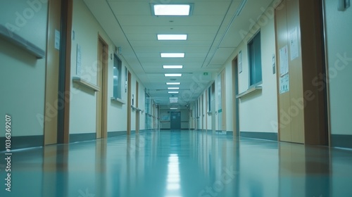 Hospital hallway with empty office rooms, modern design