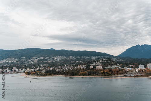 Vancouver BC Canada Waterfront looking over Stanley Park and Lion's Gate Bridge during the Fall photo