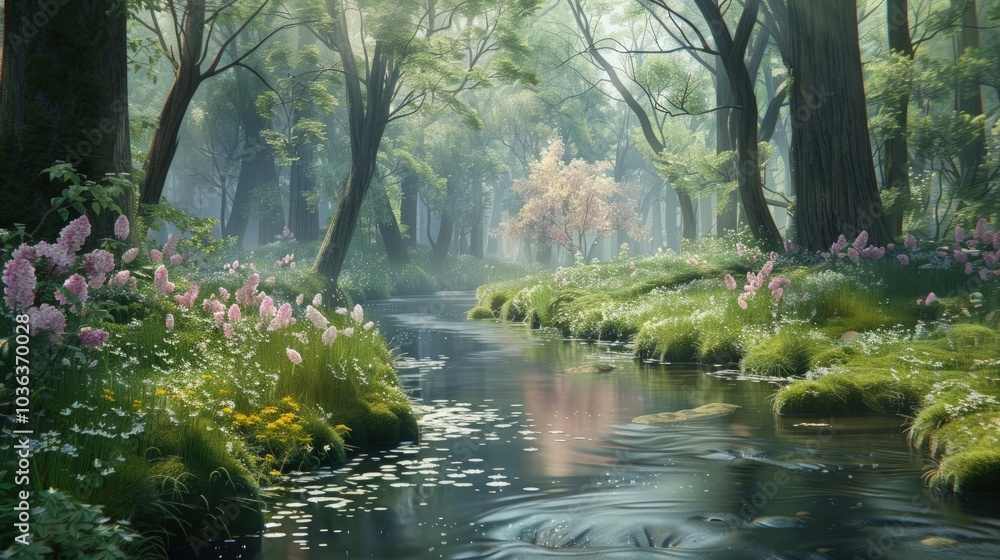 Obraz premium Tranquil River Flowing Through a Misty Forest