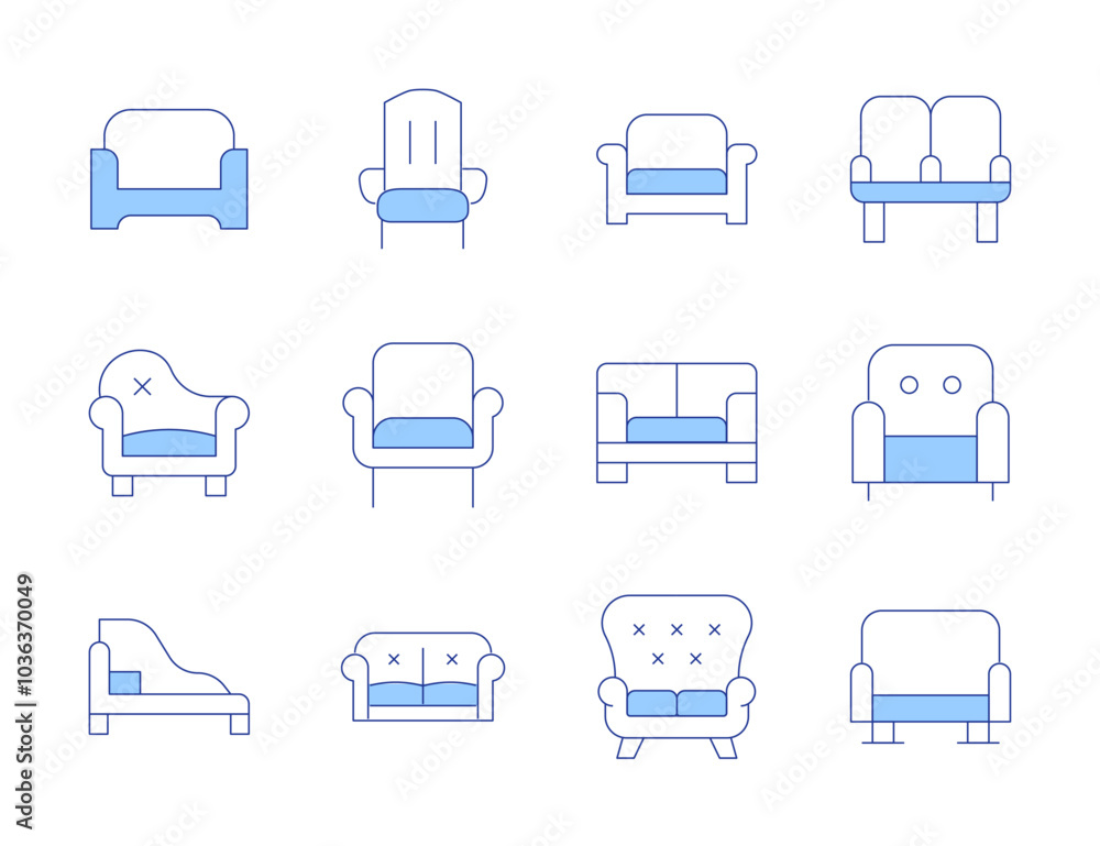 Sofa icons. Line Duotone style, editable stroke. armchair, couch, sofa, chaise longue, chair