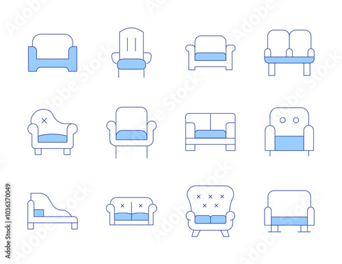 Sofa icons. Line Duotone style, editable stroke. armchair, couch, sofa, chaise longue, chair