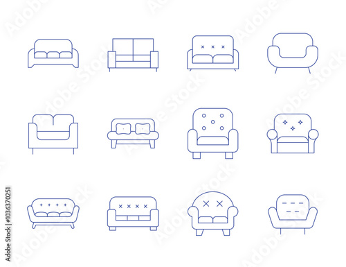 Sofa icons. Thin Line style, editable stroke. couch, sofa, seater sofa