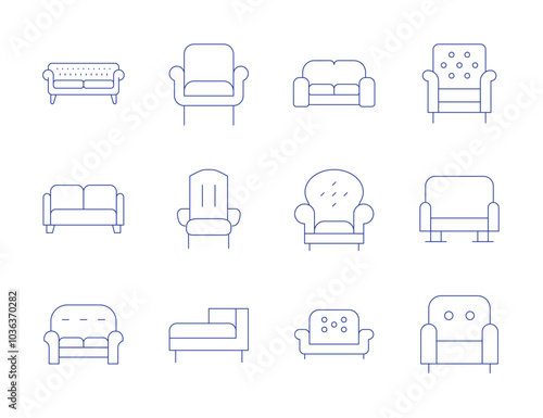 Sofa icons. Thin Line style, editable stroke. sofa, armchair, chaise longue, chair, couch