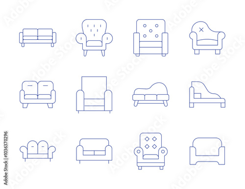 Sofa icons. Thin Line style, editable stroke. sofa, armchair, couch, chaise longue