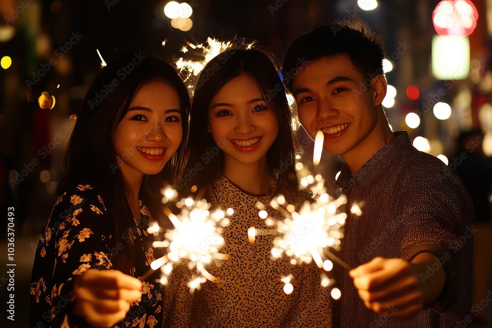 Midnight celebration with sparklers for New Year's. Midnight celebration with sparklers for New Year's.