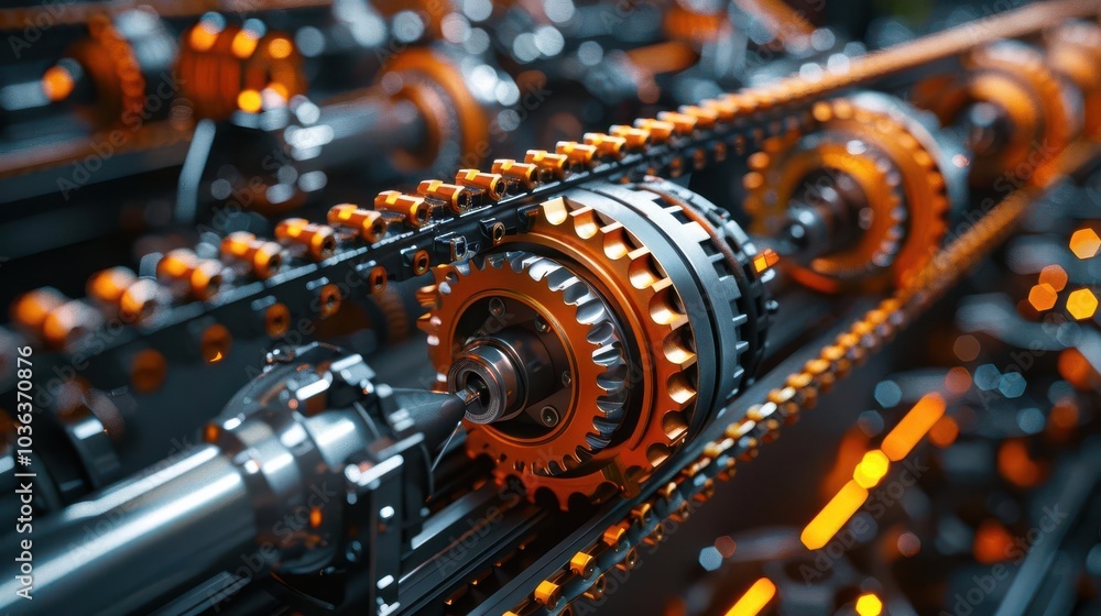 Fototapeta premium Close-up of mechanical gears and chains with orange highlights on a dark background.