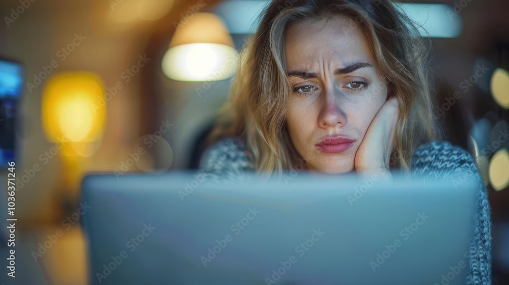Focused woman working on laptop, showing concentration and determination. Focused woman working on laptop, showing concentration and determination.