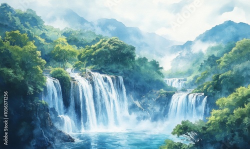 Watercolor Shifen Taiwan Waterfalls National Park Beautiful waterfalls, abundant, many foreigners come to visit