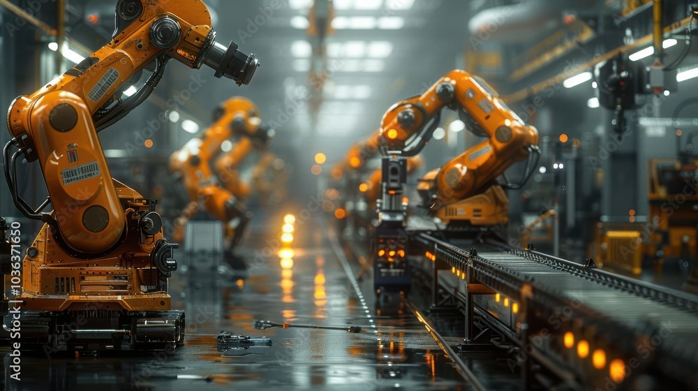 Industrial robots working in a modern factory environment. Industrial robots working in a modern factory environment.