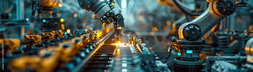 Industrial robots working on an automated production line. Industrial robots working on an automated production line.
