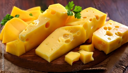 Cheese dices and slices with assorted textures, yellow cheddar, Swiss, and gourmet varieties