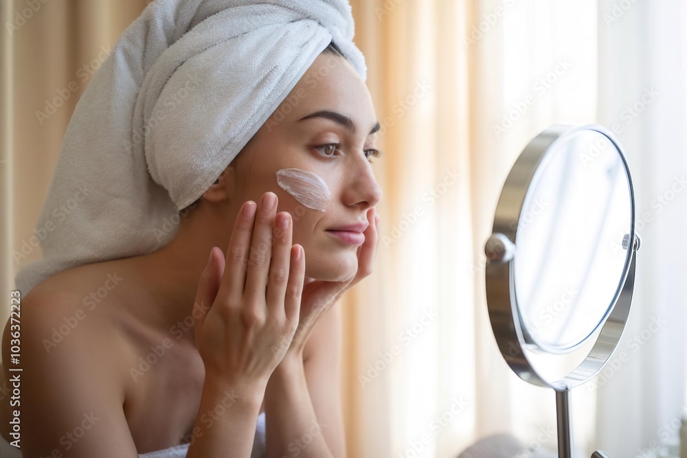 Woman Applying Skin Care in Dressing Room Woman Applying Skin Care in Dressing Room