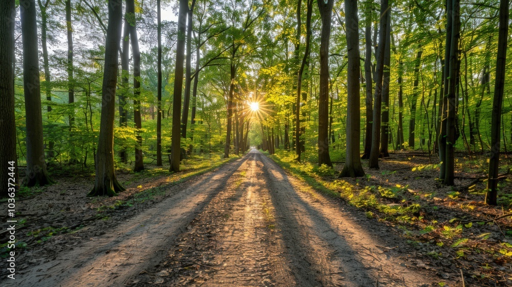 Naklejka premium Sunlit Path Through a Lush Forest