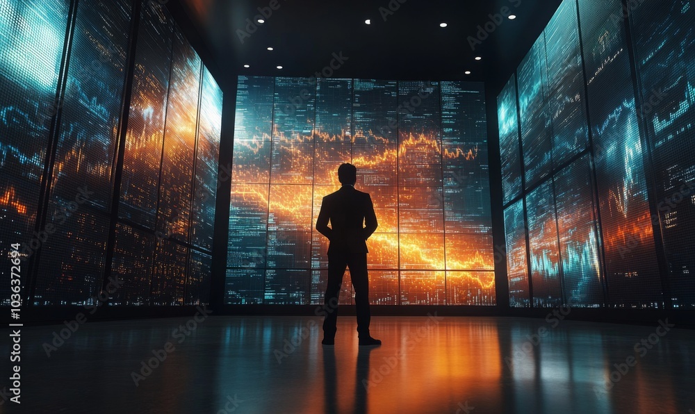 Businessman analyzing stock charts on a large digital screen, financial strategy, 3D illustration Businessman analyzing stock charts on a large digital screen, financial strategy, 3D illustration