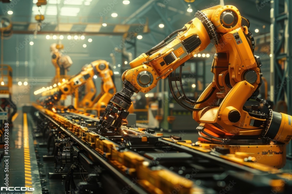 Robotic arms working on an automated assembly line in a modern factory. Robotic arms working on an automated assembly line in a modern factory.