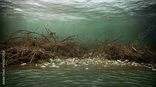 Ocean Pollution Crisis: Underwater View of Plastic Waste Amidst Marine Debris, Environmental Impact, Global Ecosystem Challenges, and Conservation Efforts photo