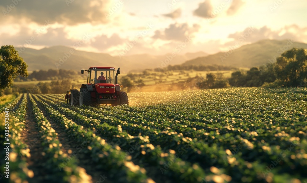 Farmer driving a tractor through rows of crops, vibrant rural landscape, 3D illustration Farmer driving a tractor through rows of crops, vibrant rural landscape, 3D illustration