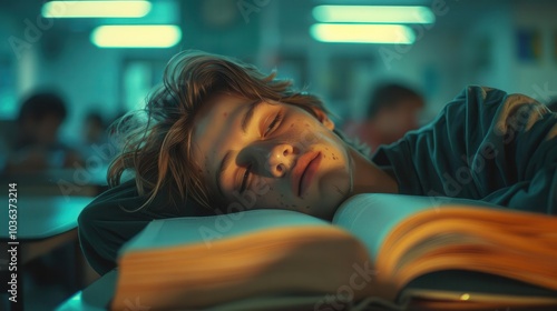 Teenager sleeping on book in classroom with ambient light.