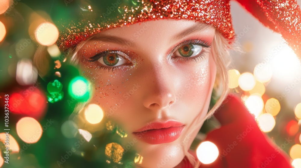 Enchanting Elf Halloween Costume with Whimsical Makeup in Festive Holiday Setting Enchanting Elf Halloween Costume with Whimsical Makeup in Festive Holiday Setting