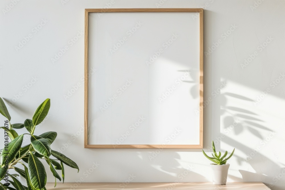 Blank wooden frame mockup with plants on a white wall. Blank wooden frame mockup with plants on a white wall.