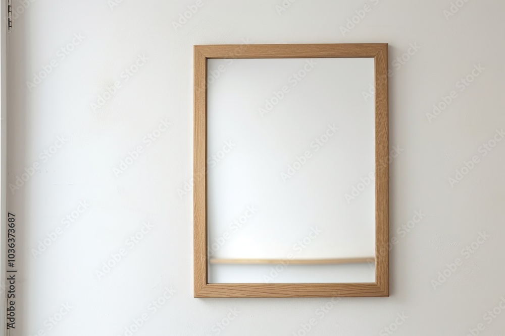 A simple wooden framed mirror hangs on a white wall. A simple wooden framed mirror hangs on a white wall.